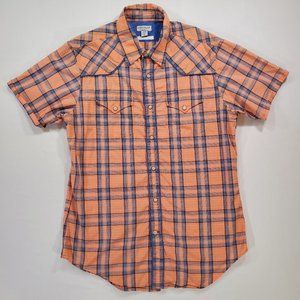 Guess Shirt Mens Medium Light Salmon Plaid Unique Wood Snap Rodeo Cowboy Western